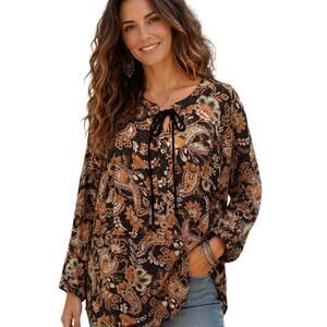 DR2 Paisley Popover Top Womens XL Black Gold Pink Beaded Ties Peasant Boho